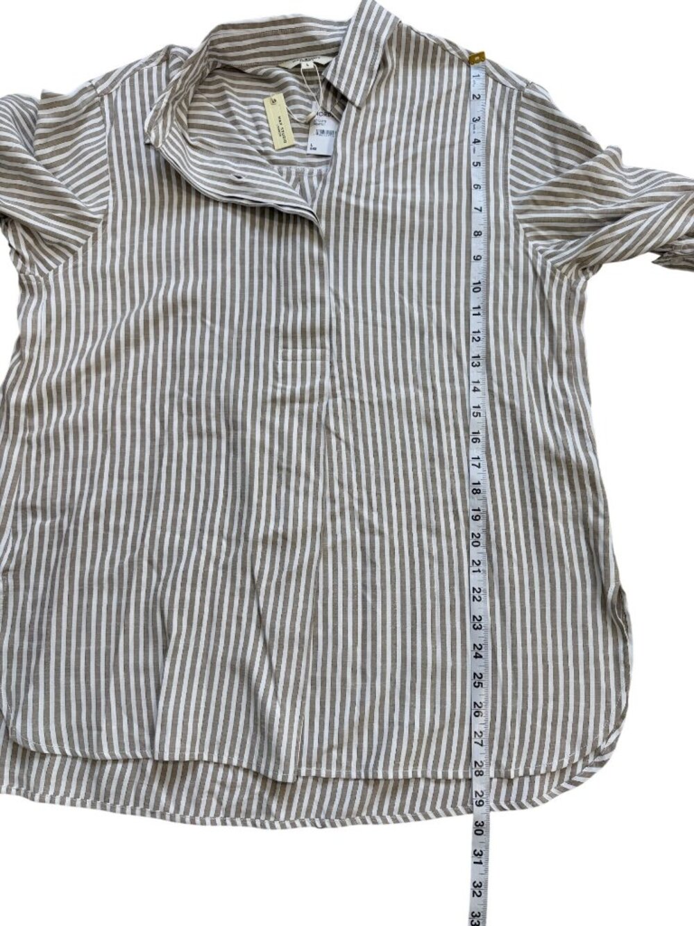Max Studio London Women Size L Tunic Top Roll-Tab Sleeve Beige Striped Shirt NEW - Picture 6 of 8